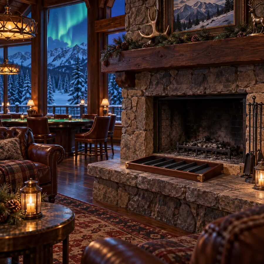 A cold fireplace with an empty chip tray — the Cold Hearth screen art from Lucky8