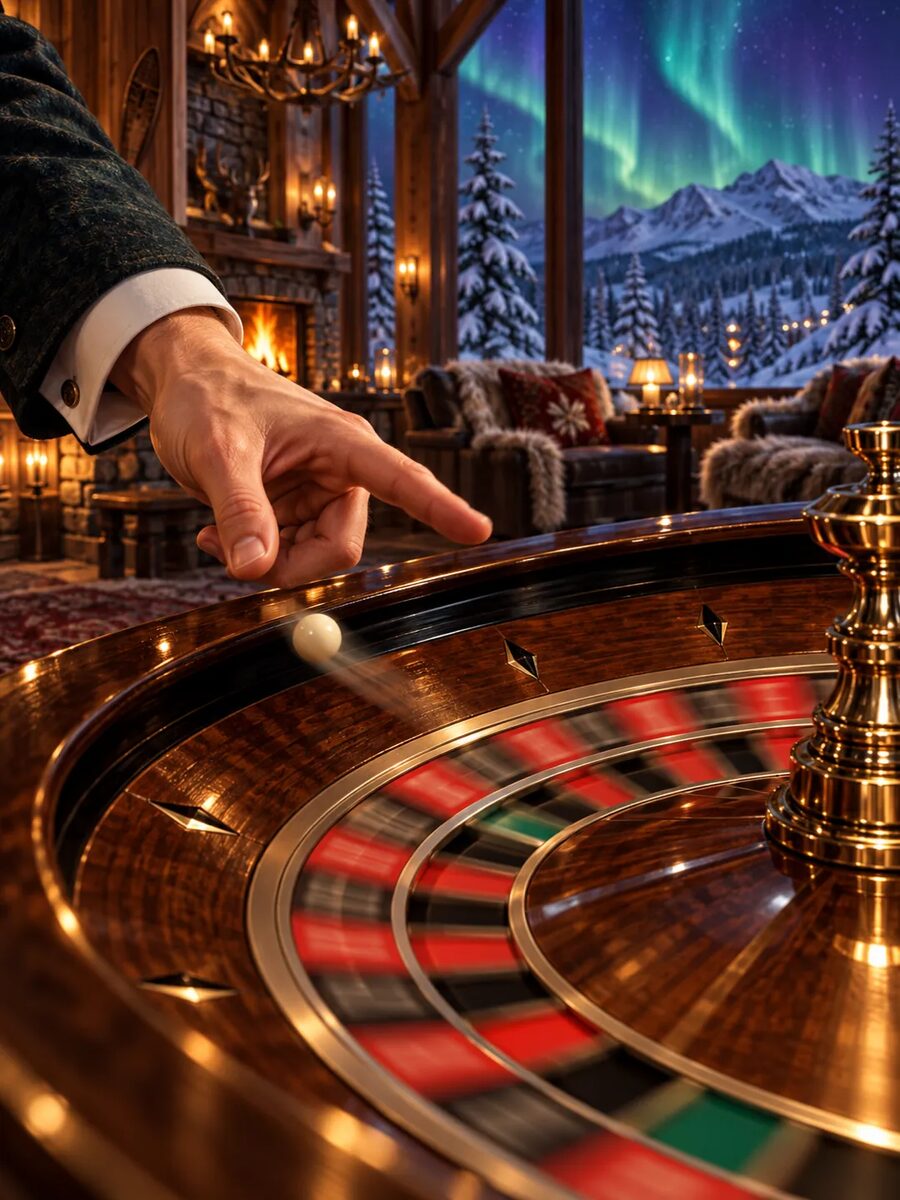 A hand flicking the ivory ball onto the walnut wheel — onboarding art from Lucky8